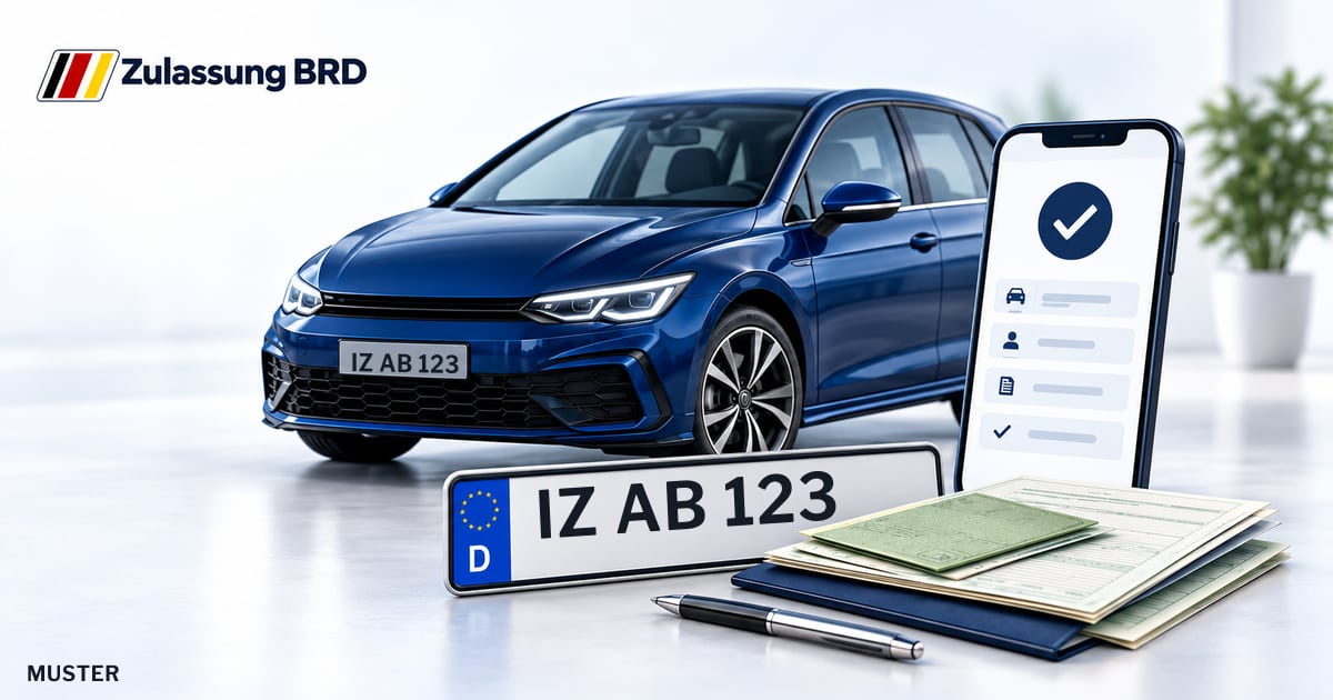 Online Fahrzeugzulassung in Glückstadt: Musterkennzeichen IZ AB 123, Auto und Fahrzeugpapiere und Smartphone. Illustration mit Logo von Zulassung BRD.